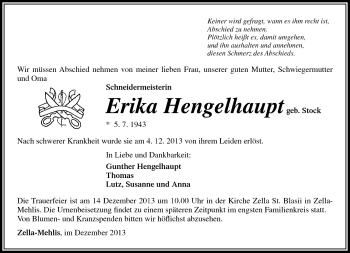 Traueranzeige von Erika Hengelhaupt von Südthüringer Presse