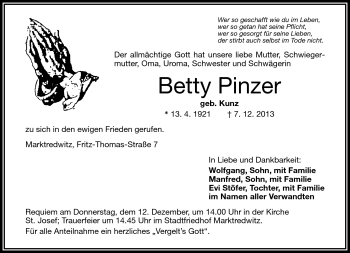 Traueranzeige von Betty Pinzer von Frankenpost