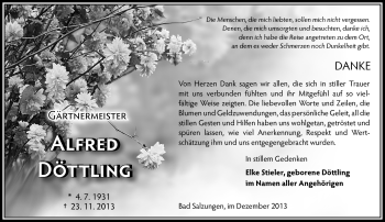 Traueranzeige von Alfred Döttling von Südthüringer Presse