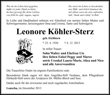 Traueranzeige von Leonore Köhler-Sterz von Südthüringer Presse