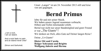 Traueranzeige von Bernd Primus von Frankenpost
