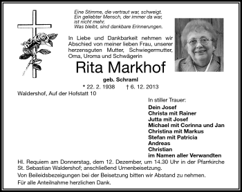 Traueranzeige von Rita Markhof von Frankenpost