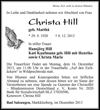 Traueranzeige von Christa Hill von Südthüringer Presse