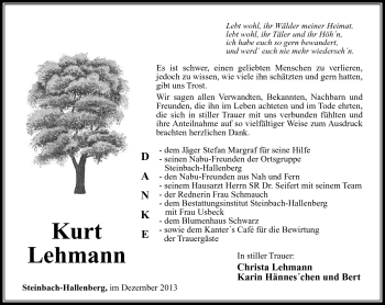 Traueranzeige von Kurt Lehmann von Südthüringer Presse