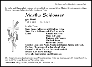 Traueranzeige von Martha Schlosser von Südthüringer Presse