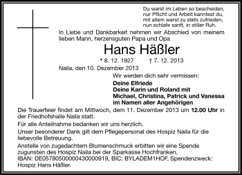 Traueranzeige von Hans Häßler von Frankenpost