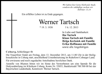 Traueranzeige von Werner Tartsch von Neue Presse Coburg