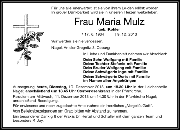 Traueranzeige von Maria Mulz von Frankenpost