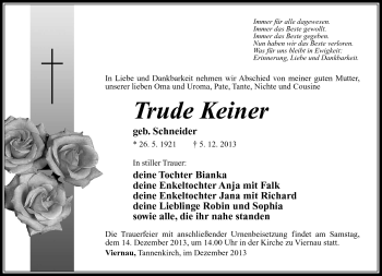 Traueranzeige von Trude Keiner von Südthüringer Presse