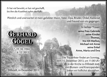 Traueranzeige von Gerhard Gögel von Südthüringer Presse