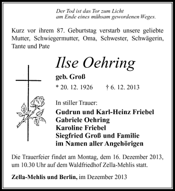 Traueranzeige von Ilse Oehring von Südthüringer Presse