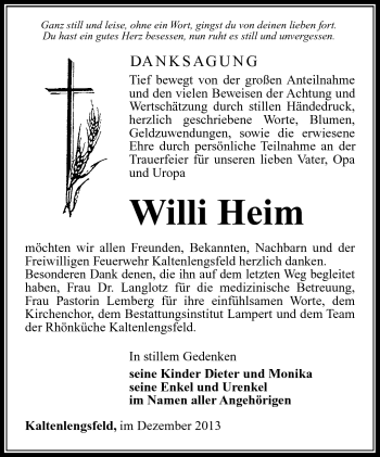 Traueranzeige von Wílli Heim von Südthüringer Presse