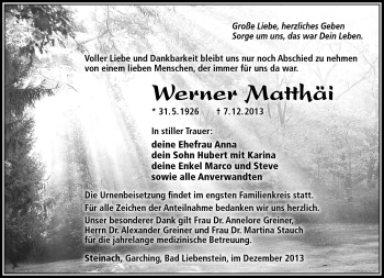 Traueranzeige von Werner Matthäi von Südthüringer Presse