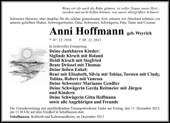 Traueranzeige von Anni Hoffmann von Südthüringer Presse