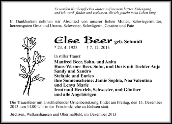 Traueranzeige von Else Beer von Südthüringer Presse