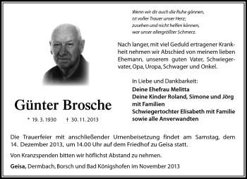 Traueranzeige von Günter Brosche von Südthüringer Presse