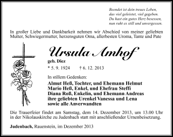 Traueranzeige von Ursula Amhof von Südthüringer Presse