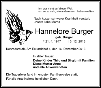 Traueranzeige von Hannelore Burger von Frankenpost
