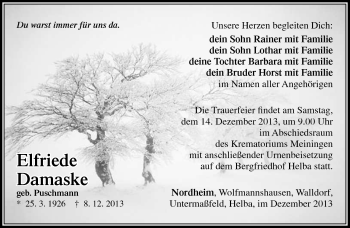 Traueranzeige von Elfriede Damaske von Südthüringer Presse