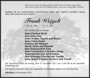 Traueranzeige von Frank Weigelt von Südthüringer Presse