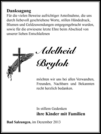 Traueranzeige von Adelheid Brylok von Südthüringer Presse