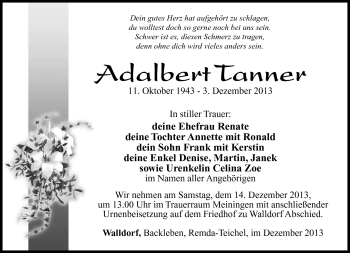 Traueranzeige von Adalbert Tanner von Südthüringer Presse