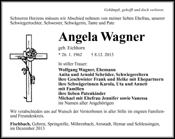 Traueranzeige von Angela Wagner von Südthüringer Presse