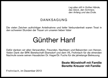 Traueranzeige von Günther Hanf von Neue Presse Coburg