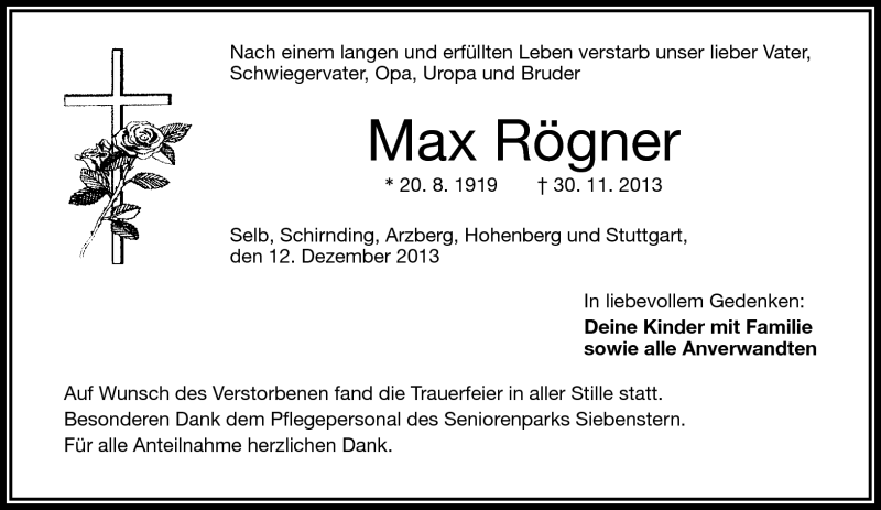  Traueranzeige für Max Rögner vom 12.12.2013 aus Frankenpost
