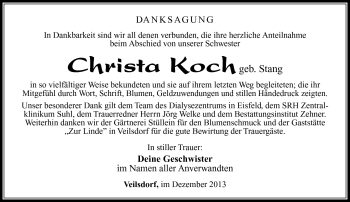 Traueranzeige von Christa Koch von Südthüringer Presse