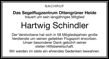 Traueranzeige von Hartwig Schindler von Frankenpost