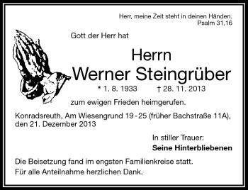 Traueranzeige von Werner Steingrüber von Frankenpost
