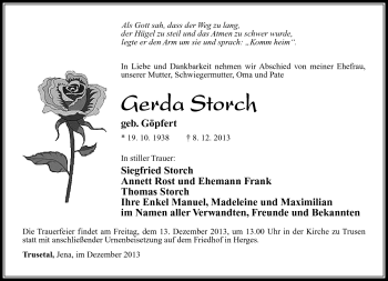 Traueranzeige von Gerda Storch von Südthüringer Presse