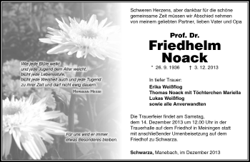 Traueranzeige von Friedhelm Noack von Südthüringer Presse