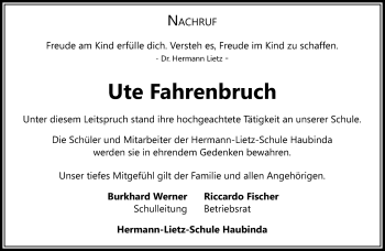 Traueranzeige von Ute Fahrenbruch von Südthüringer Presse