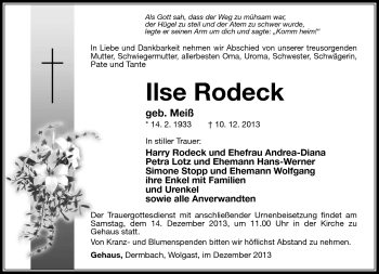 Traueranzeige von Ilse Rodeck von Südthüringer Presse