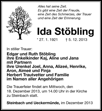 Traueranzeige von Ida Stöbling von Südthüringer Presse