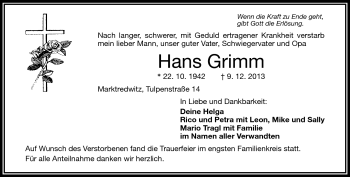 Traueranzeige von Hans Grimm von Frankenpost