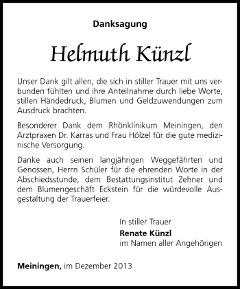 Traueranzeige von Helmuth Künzl von Südthüringer Presse