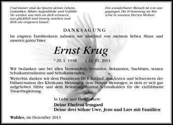 Traueranzeige von Ernst Krug von Südthüringer Presse