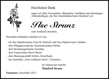 Traueranzeige von Ilse Strunz von Südthüringer Presse