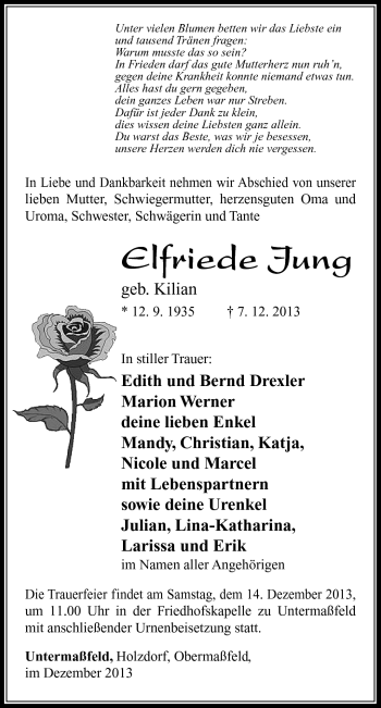 Traueranzeige von Elfriede Jung von Südthüringer Presse