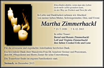 Traueranzeige von Martha Zimmerhackl von Südthüringer Presse