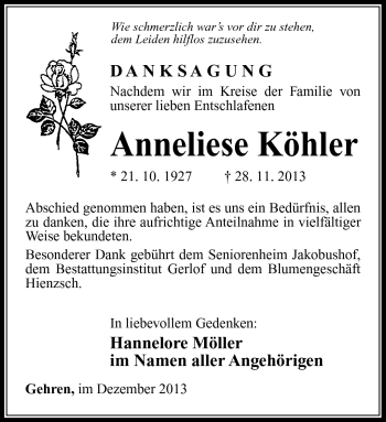 Traueranzeige von Anneliese Köhler von Südthüringer Presse