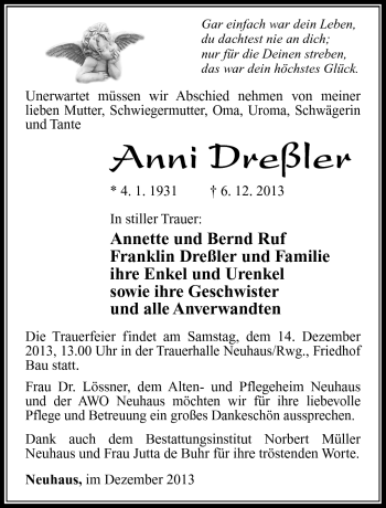 Traueranzeige von Anni Dreßler von Südthüringer Presse