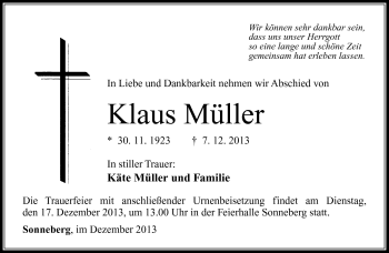 Traueranzeige von Klaus Müller von Südthüringer Presse