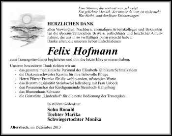 Traueranzeige von Felix Hofmann von Südthüringer Presse