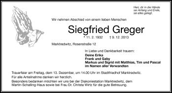Traueranzeige von Siegfried Greger von Frankenpost