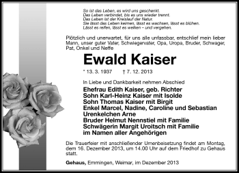 Traueranzeige von Ewald Kaiser von Südthüringer Presse