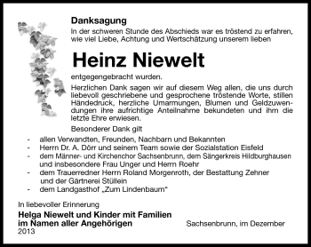 Traueranzeige von Heinz Niewelt von Südthüringer Presse